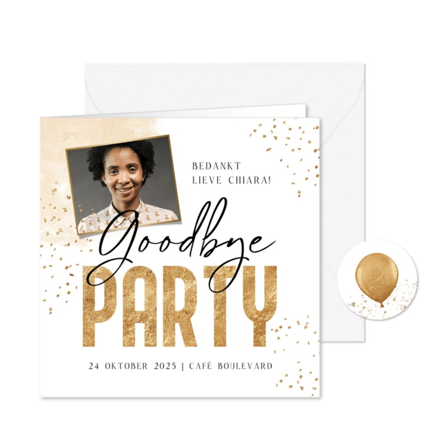 Uitnodiging afscheidsfeest borrel foto waterverf confetti - Kaartimpressie