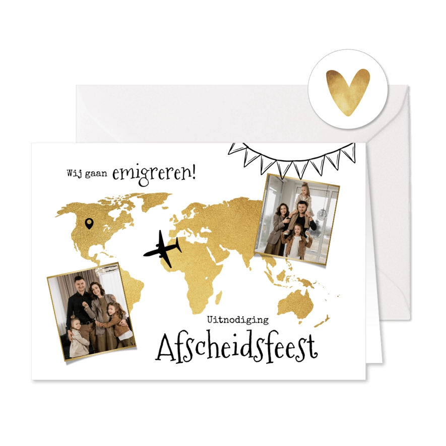 Uitnodiging afscheidsfeest wereld reis foto goud - Kaartimpressie