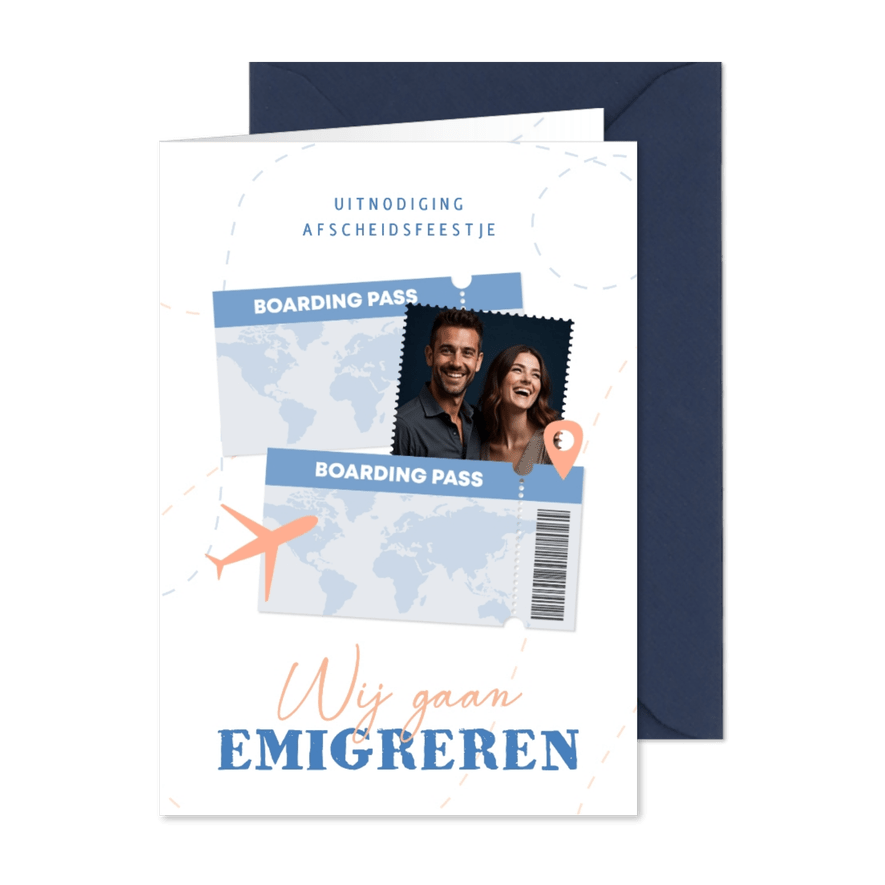 Uitnodiging afscheidsfeestje emigratie vliegticket en foto - Kaartimpressie