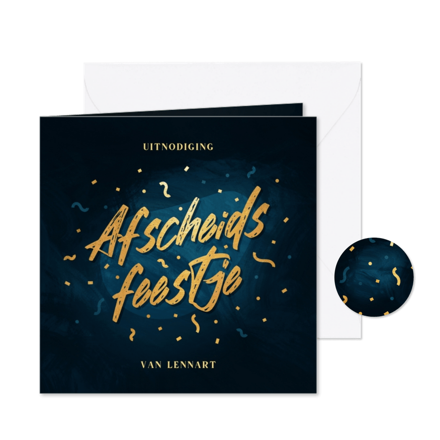 Uitnodiging afscheidsfeestje goudlook met confetti - Kaartimpressie