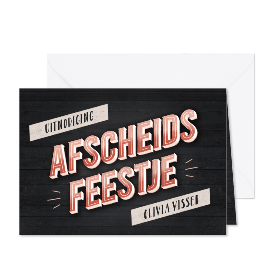 Uitnodiging afscheidsfeestje hout en vintage typografie - Kaartimpressie