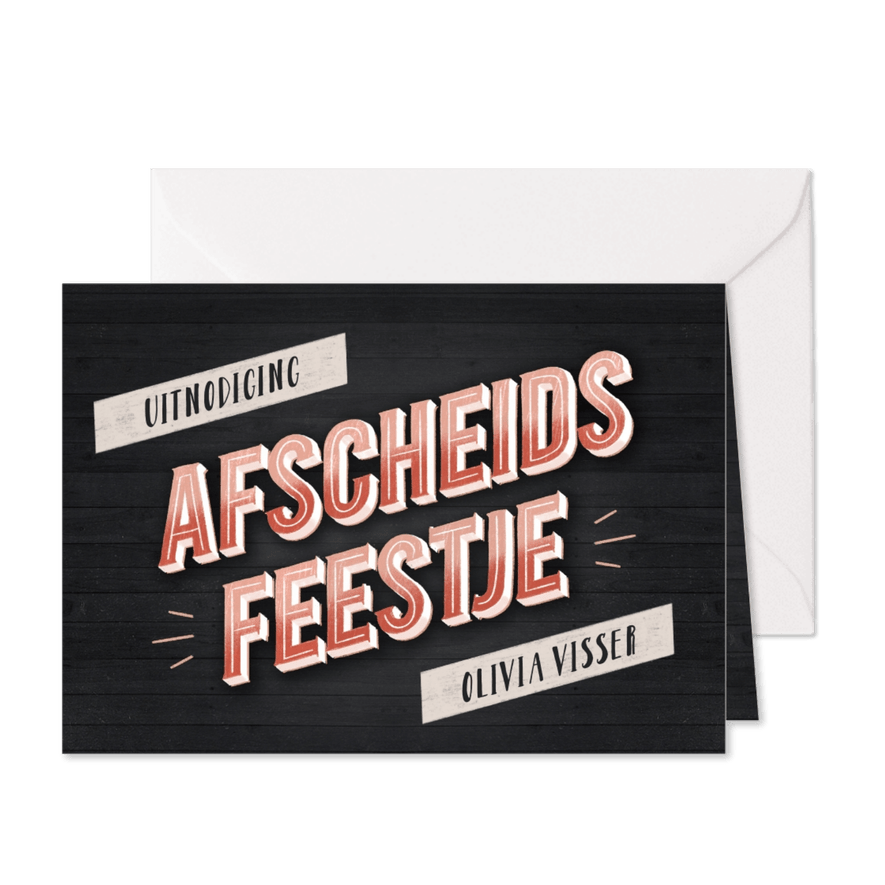 Uitnodiging afscheidsfeestje hout en vintage typografie - Kaartimpressie