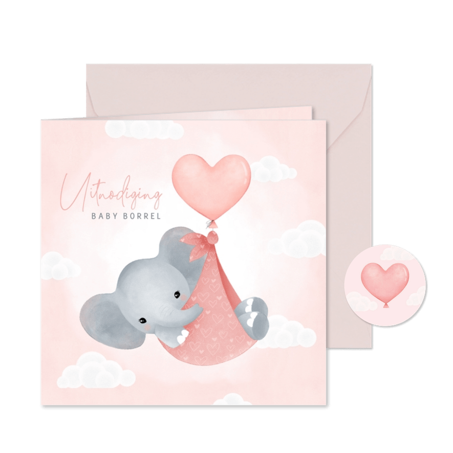 Uitnodiging baby borrel meisje olifantje in draagzak ballon - Kaartimpressie