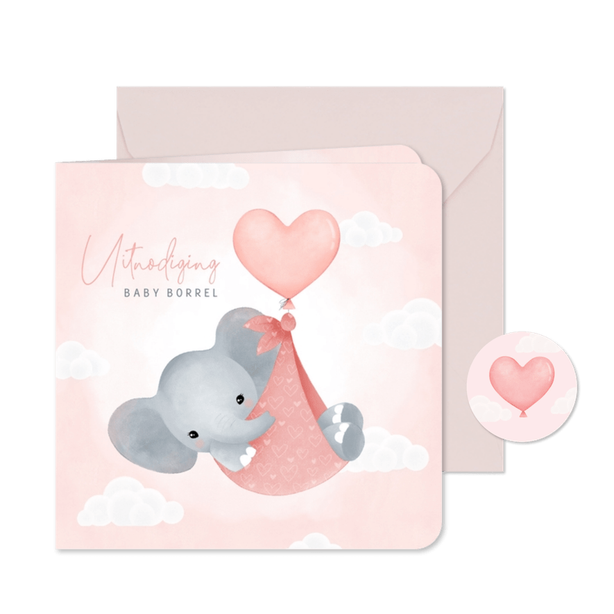 Uitnodiging baby borrel meisje olifantje in draagzak ballon - Kaartimpressie