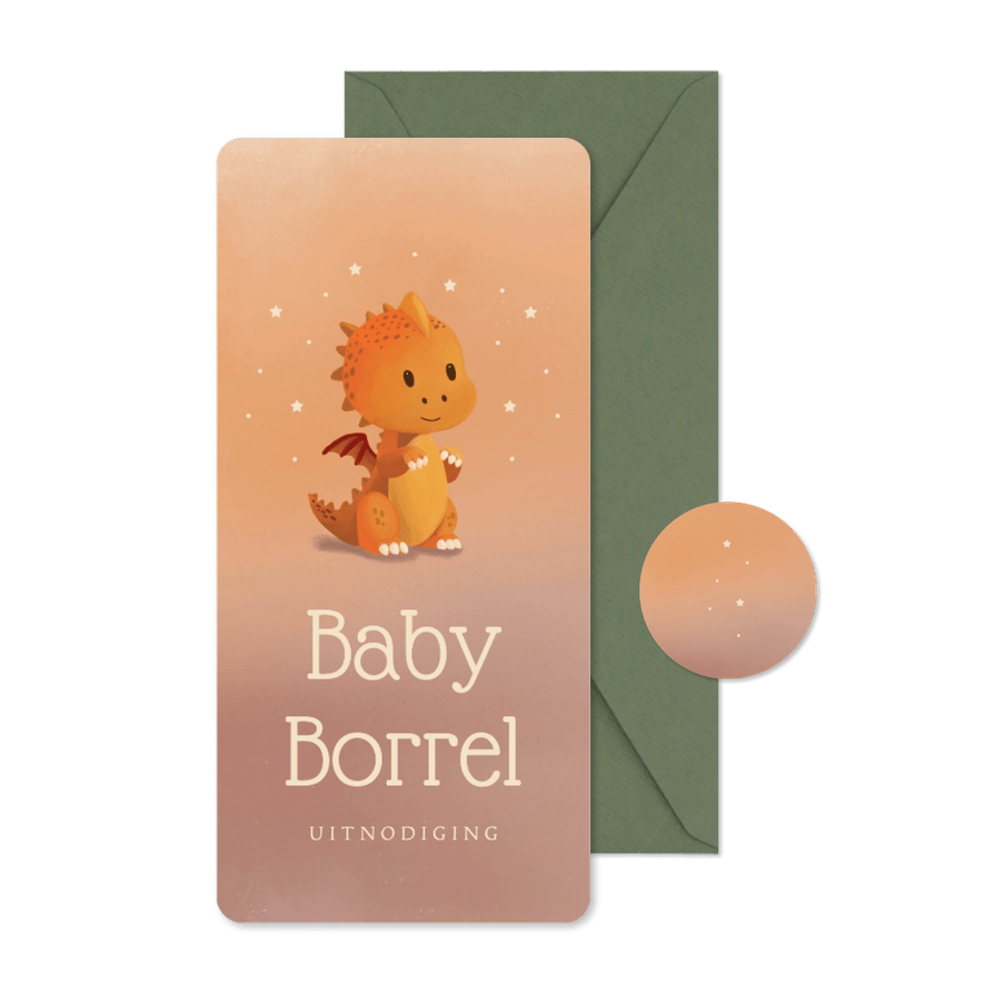 Uitnodiging baby borrel met dino en sterren jongen - Kaartimpressie