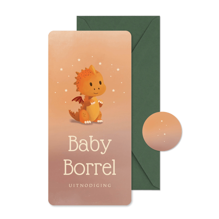 Uitnodiging baby borrel met dino en sterren jongen - Kaartimpressie