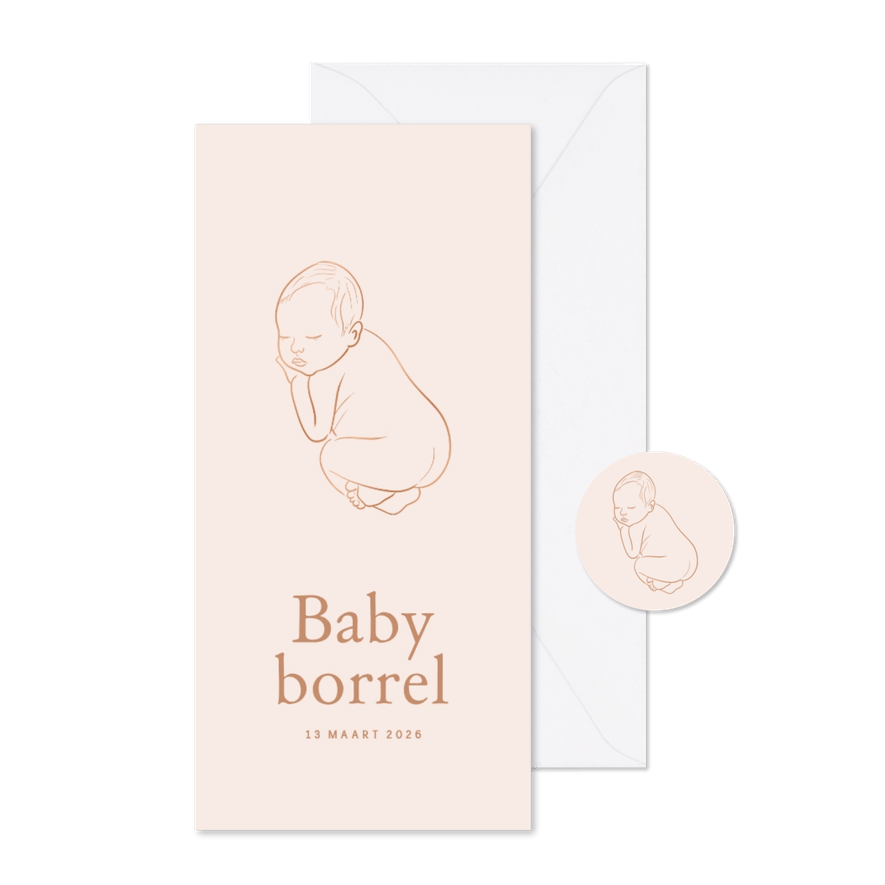 Uitnodiging baby borrel roze met een lijntekening - Kaartimpressie