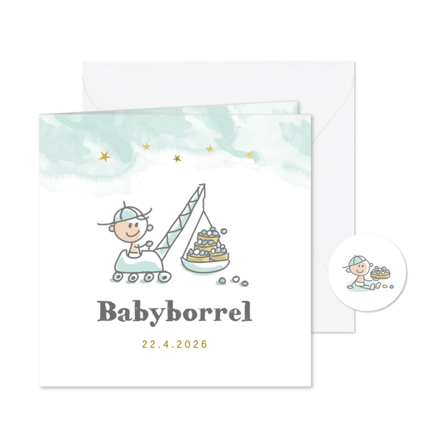 Uitnodiging babyborrel hijskraan en beschuit met muisjes - Kaartimpressie