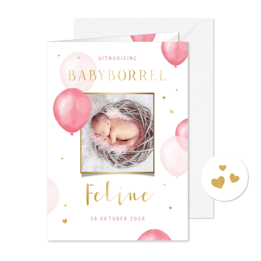 Uitnodiging babyborrel kraamfeest ballonnen hartjes foto - Kaartimpressie