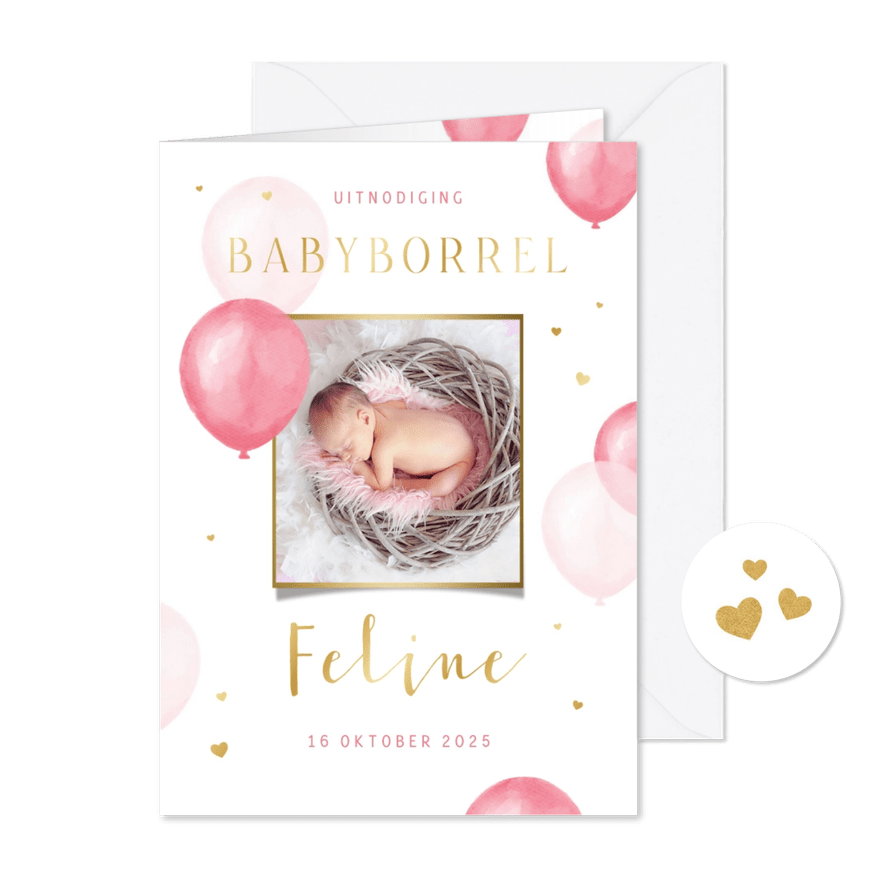 Uitnodiging babyborrel kraamfeest ballonnen hartjes foto - Kaartimpressie