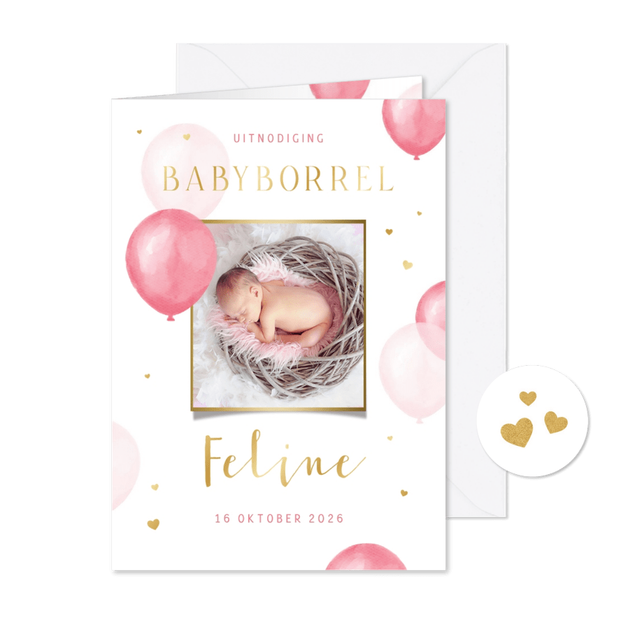 Uitnodiging babyborrel kraamfeest ballonnen hartjes foto - Kaartimpressie