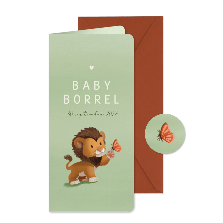 Uitnodiging babyborrel leeuw met vlinder - Kaartimpressie