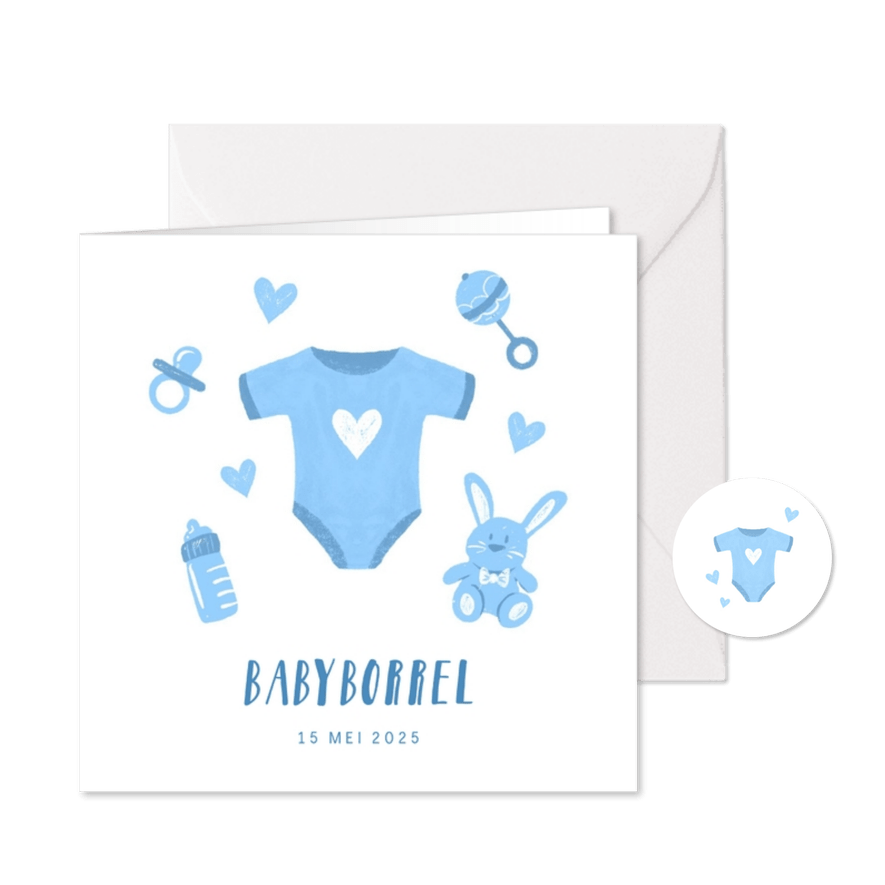 Uitnodiging babyborrel met blauw rompertje en hartjes - Kaartimpressie