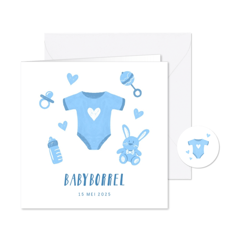 Uitnodiging babyborrel met blauw rompertje en hartjes - Kaartimpressie