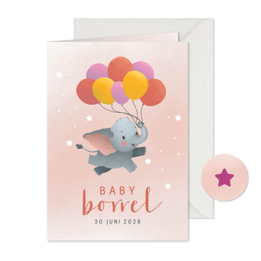 Uitnodiging babyborrel met olifant en ballonnen - Kaartimpressie