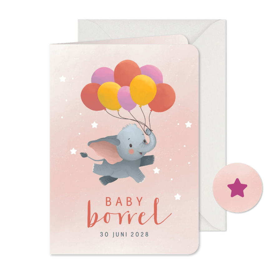 Uitnodiging babyborrel met olifant en ballonnen - Kaartimpressie