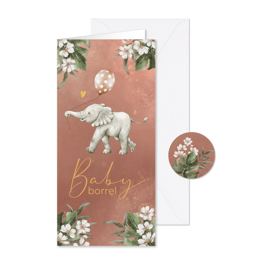 Uitnodiging babyborrel met olifantje en ballon - Kaartimpressie