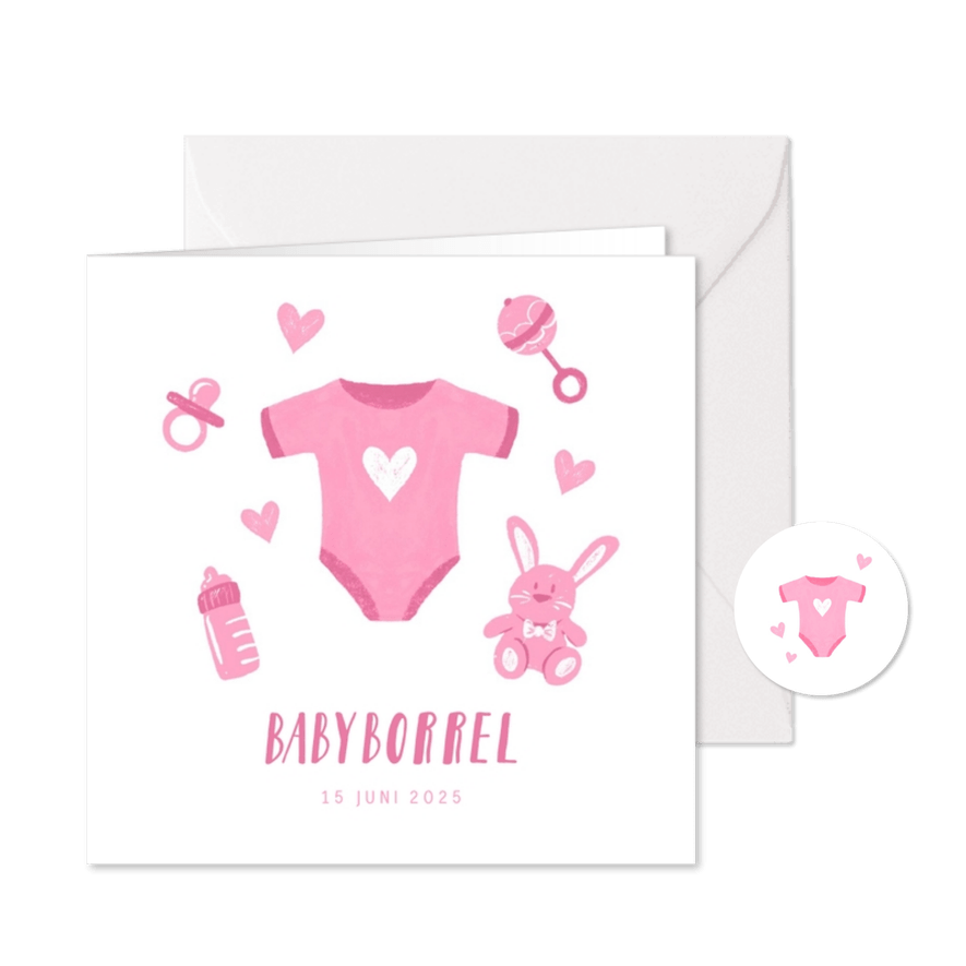 Uitnodiging babyborrel met roze rompertje en hartjes - Kaartimpressie