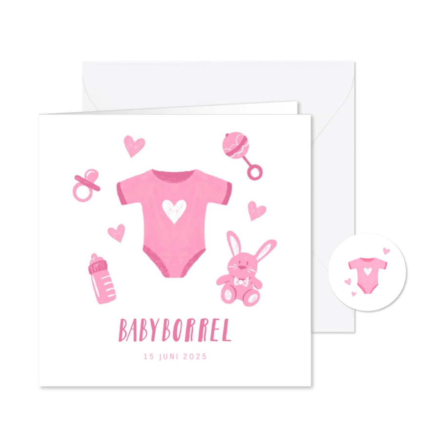 Uitnodiging babyborrel met roze rompertje en hartjes - Kaartimpressie