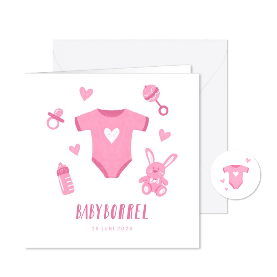 Uitnodiging babyborrel met roze rompertje en hartjes  - Kaartimpressie