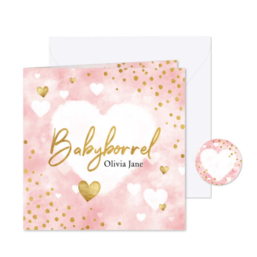 Uitnodiging babyborrel met roze waterverf, hartjes & stipjes - Kaartimpressie