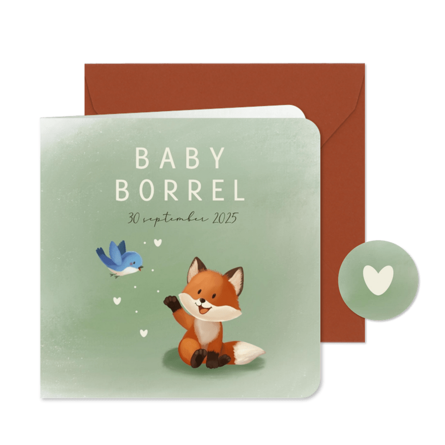Uitnodiging babyborrel vosje hartjes vogel - Kaartimpressie