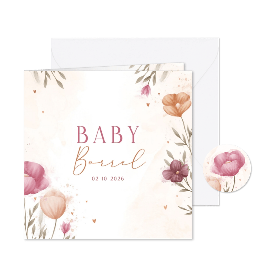 Uitnodiging babyborrel waterverf bloemen met koperen hartjes - Kaartimpressie