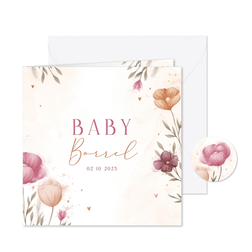 Uitnodiging babyborrel waterverf bloemen met koperen hartjes - Kaartimpressie