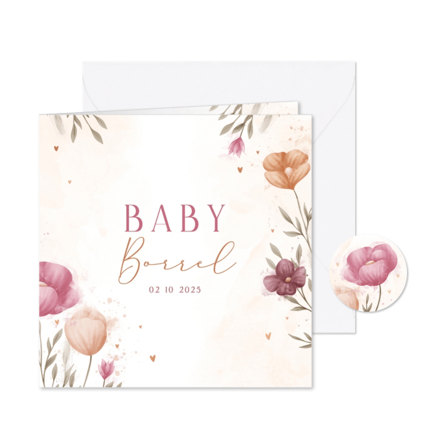 Uitnodiging babyborrel waterverf bloemen met koperen hartjes - Kaartimpressie