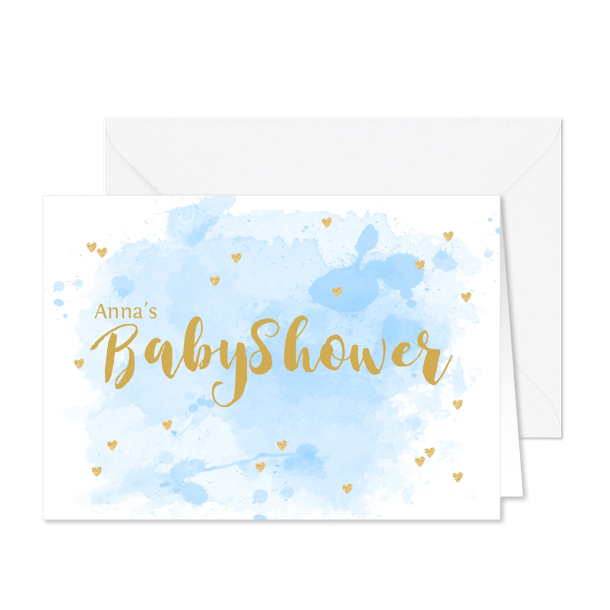 Uitnodiging babyshower aquarel hartjes lichtblauw - Kaartimpressie