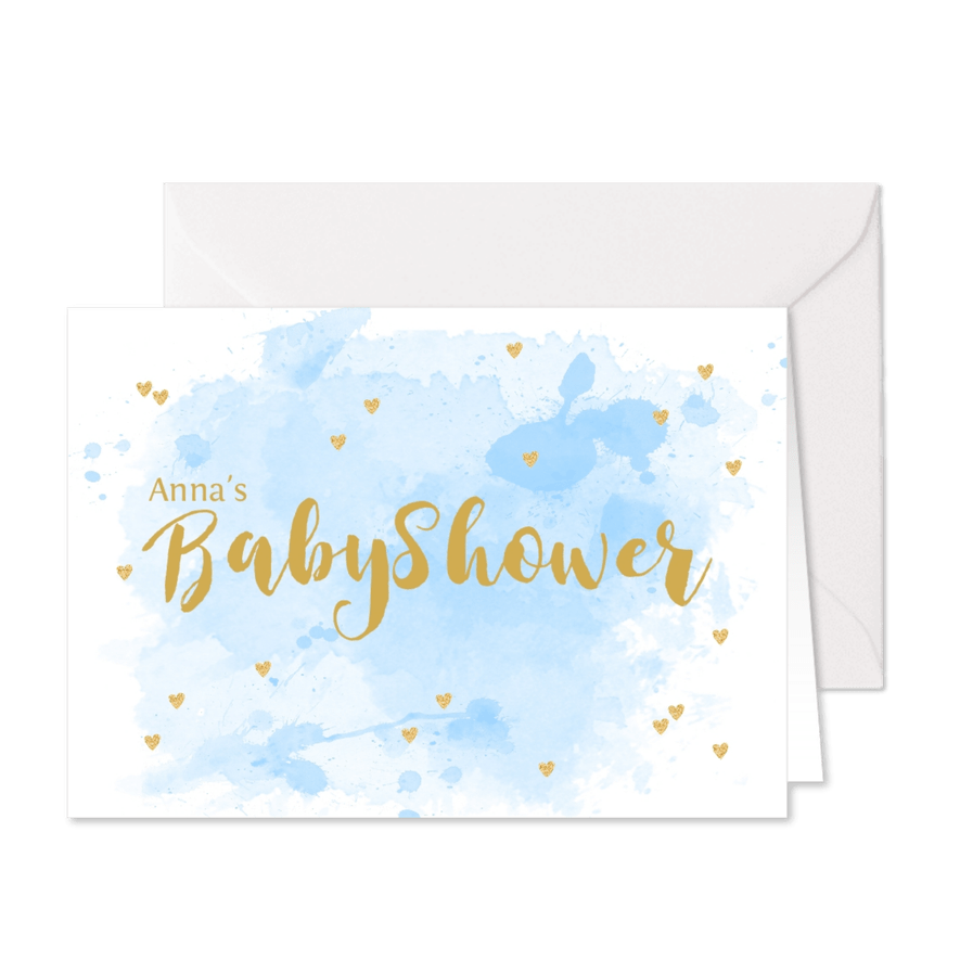 Uitnodiging babyshower aquarel hartjes lichtblauw - Kaartimpressie