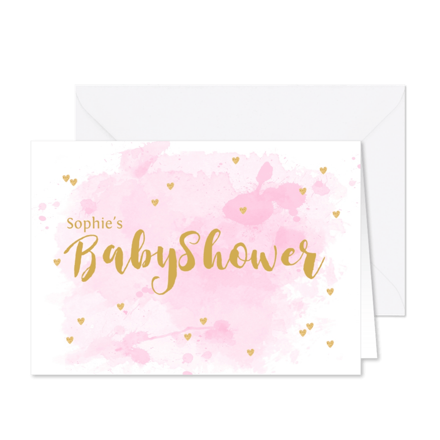 Uitnodiging babyshower aquarel hartjes roze - Kaartimpressie