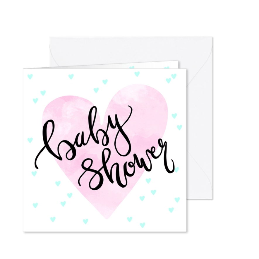 Uitnodiging babyshower hartjes en tekst - Kaartimpressie