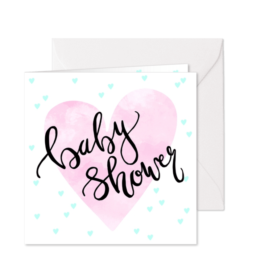 Uitnodiging babyshower hartjes en tekst - Kaartimpressie