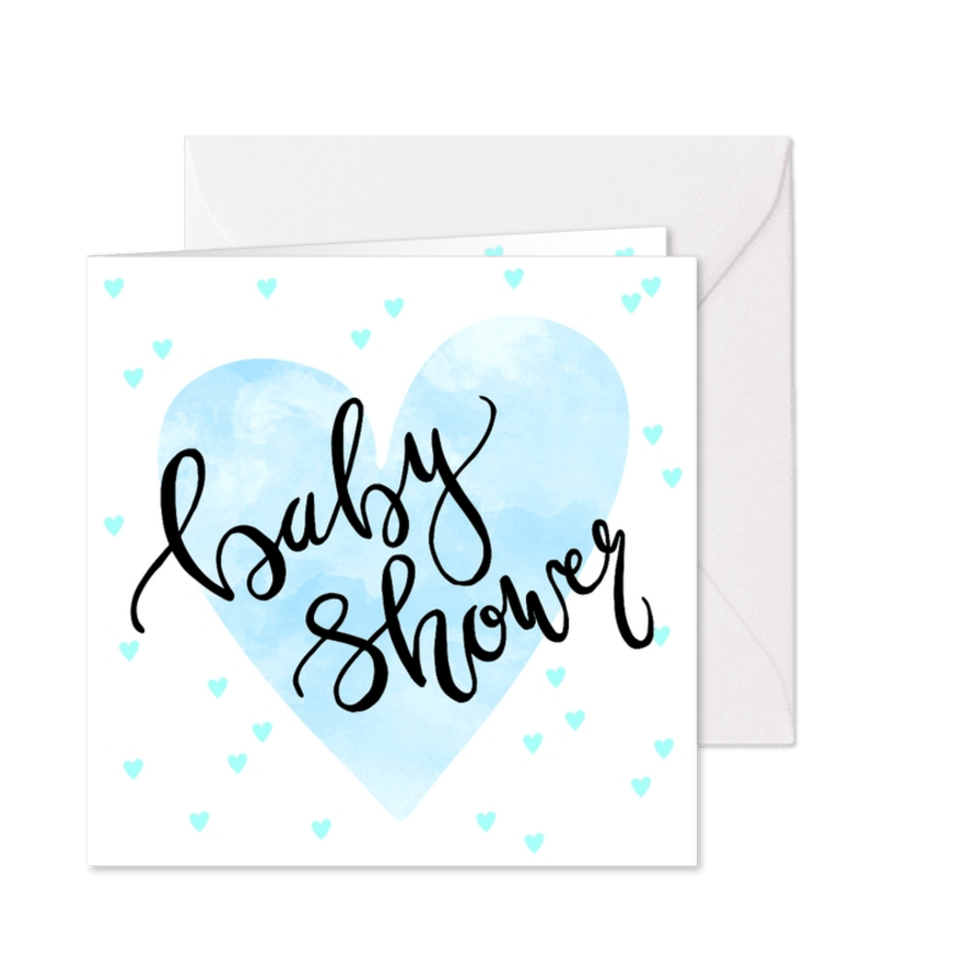 Uitnodiging babyshower hartjes in blauw - Kaartimpressie