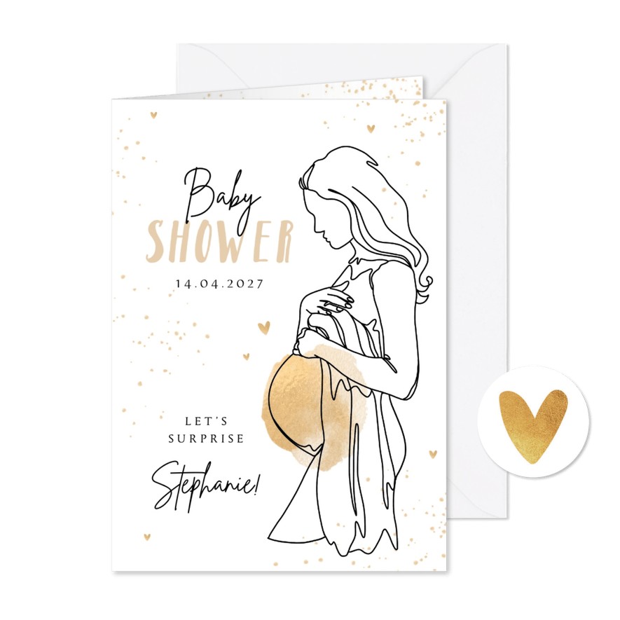 Uitnodiging babyshower line art zwanger goud hartjes - Kaartimpressie