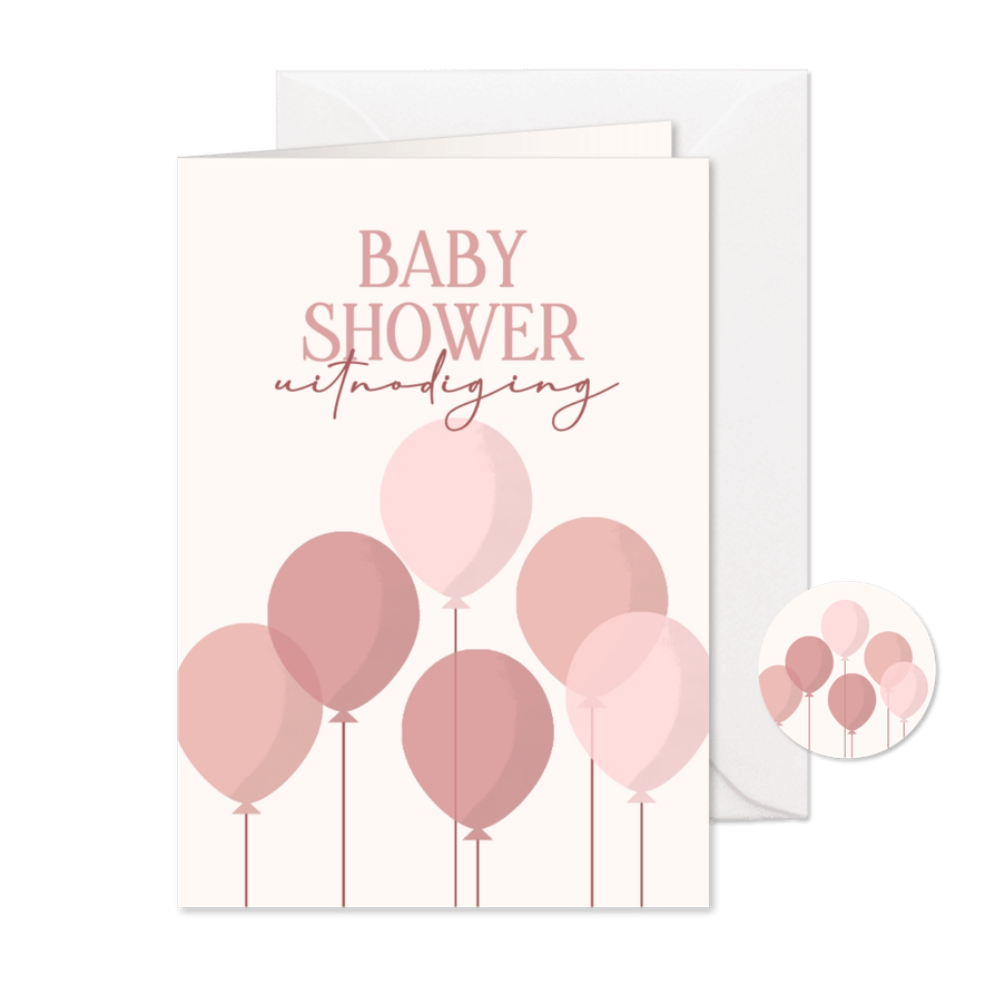 Uitnodiging babyshower meisje met roze ballonnen - Kaartimpressie