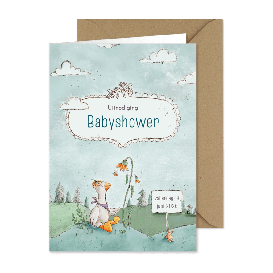 Uitnodiging babyshower met eendje en konijntje - Kaartimpressie