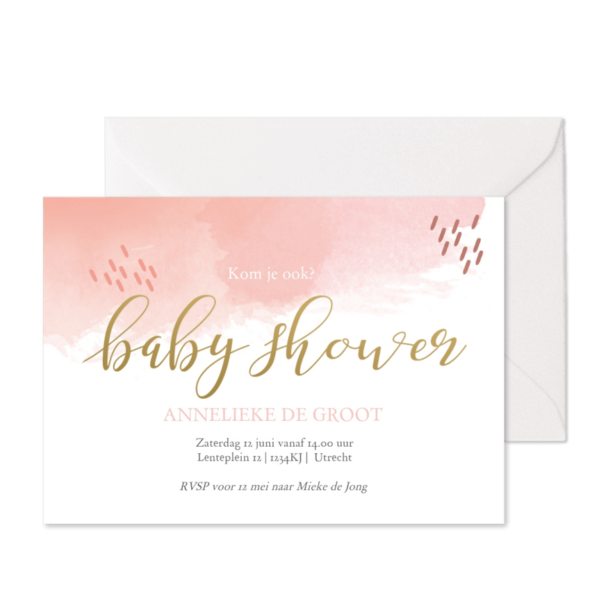 Uitnodiging babyshower watercolor met streepjes - Kaartimpressie