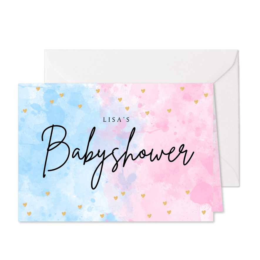 Uitnodiging babyshower waterverf roze blauw hartjes - Kaartimpressie