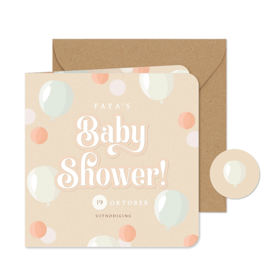 Uitnodiging babyshower zacht kraftlook ballonnen & confetti - Kaartimpressie