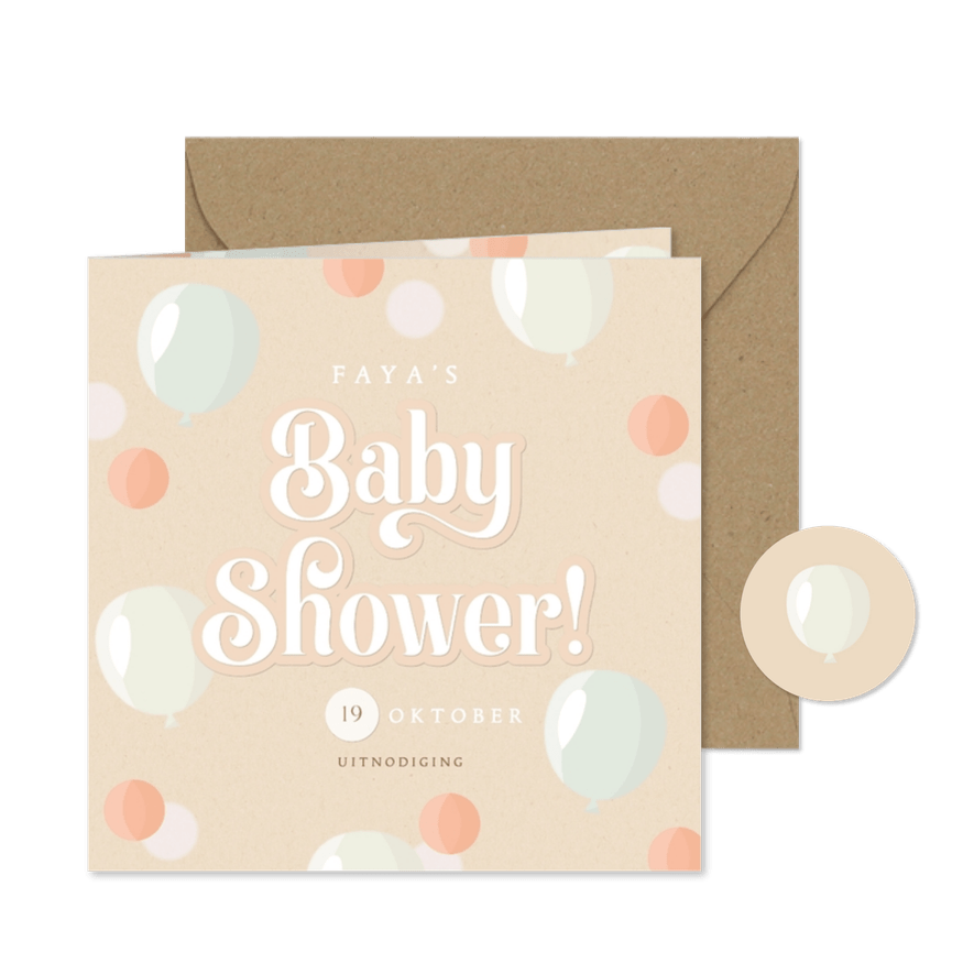 Uitnodiging babyshower zacht kraftlook ballonnen & confetti - Kaartimpressie