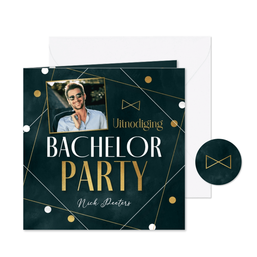 Uitnodiging bachelor party stijlvol grafisch confetti foto - Kaartimpressie