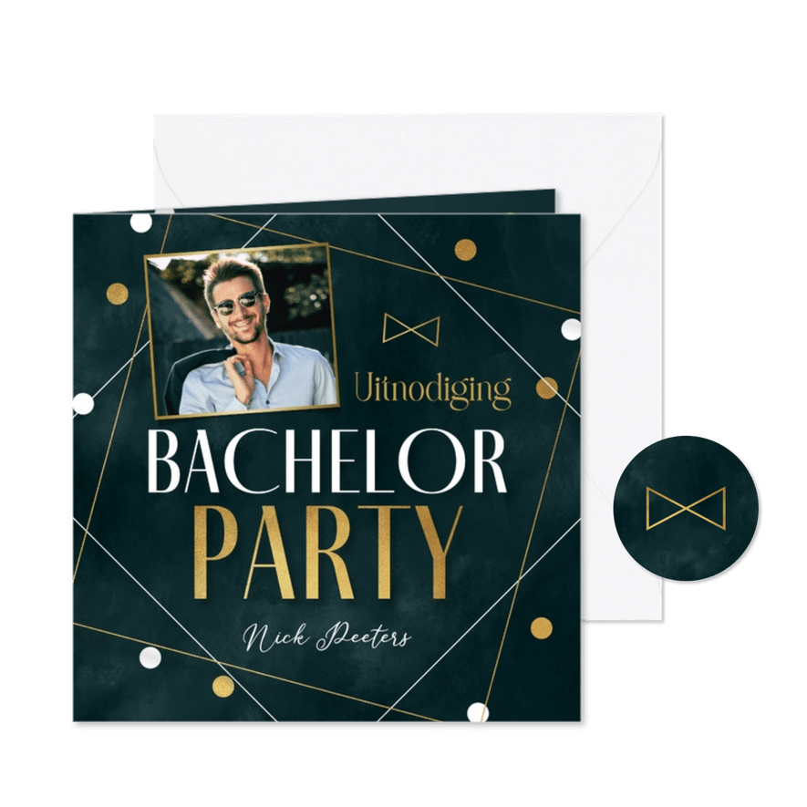 Uitnodiging bachelor party stijlvol grafisch confetti foto - Kaartimpressie