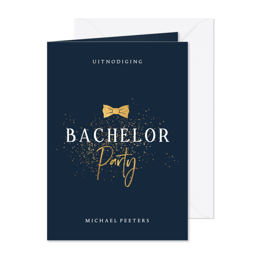 Uitnodiging bachelor party vrijgezellenfeest strikje man - Kaartimpressie