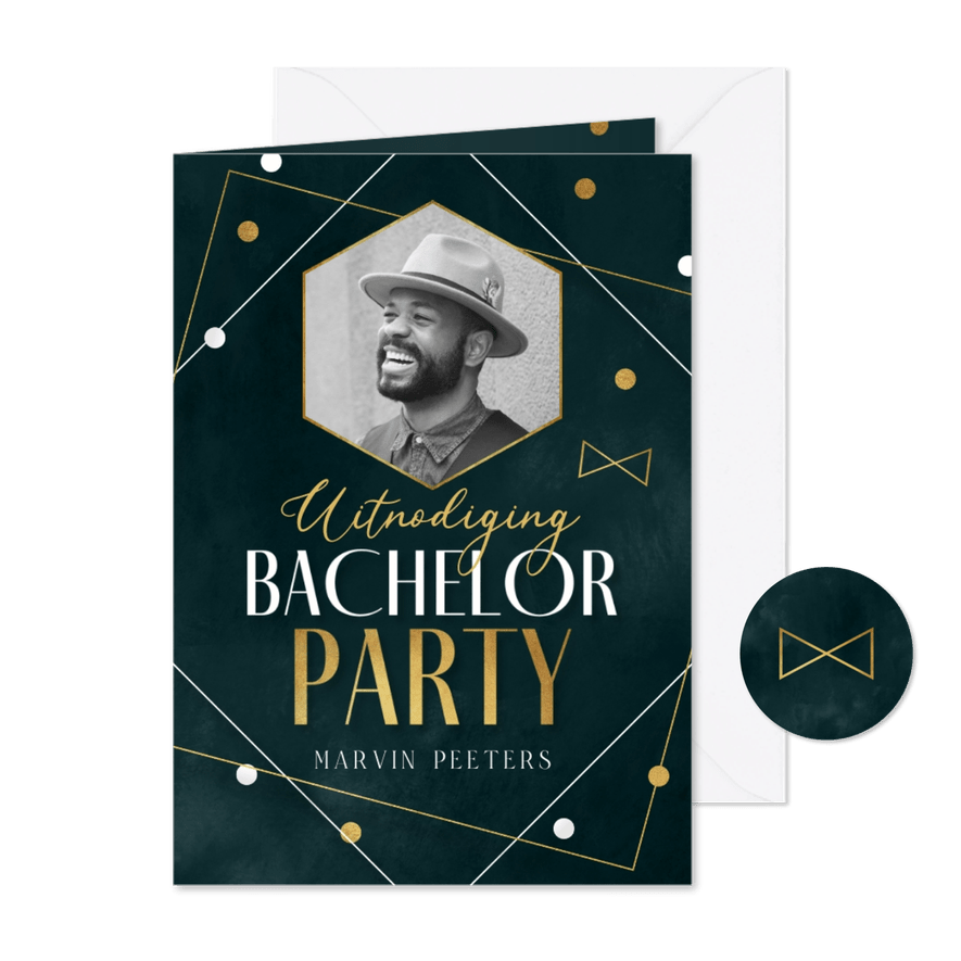 Uitnodiging bachelor party waterverf grafisch foto strikje - Kaartimpressie