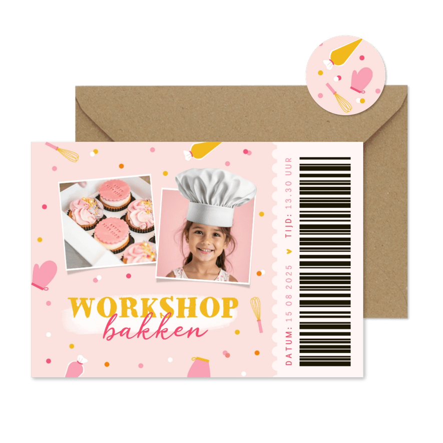 Uitnodiging bakfeestje bakspullen en foto's met koksmuts - Kaartimpressie