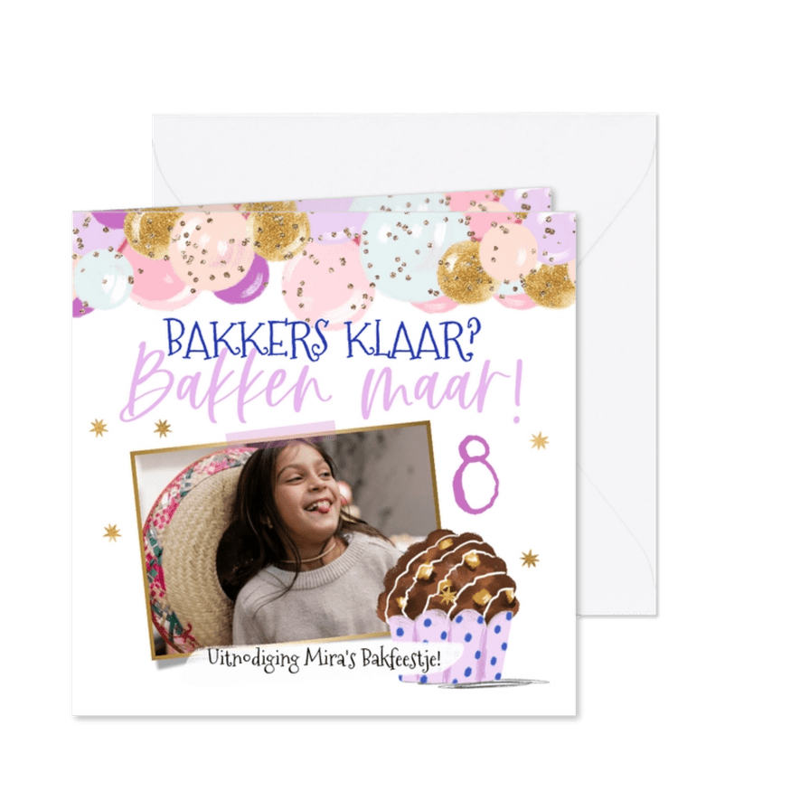 Uitnodiging bakfeestje ballonnenslinger muffin foto - Kaartimpressie