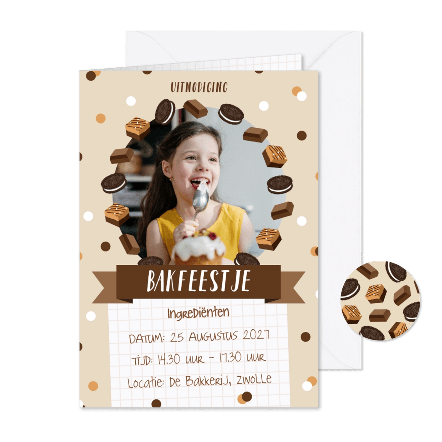 Uitnodiging bakfeestje met foto - Kaartimpressie