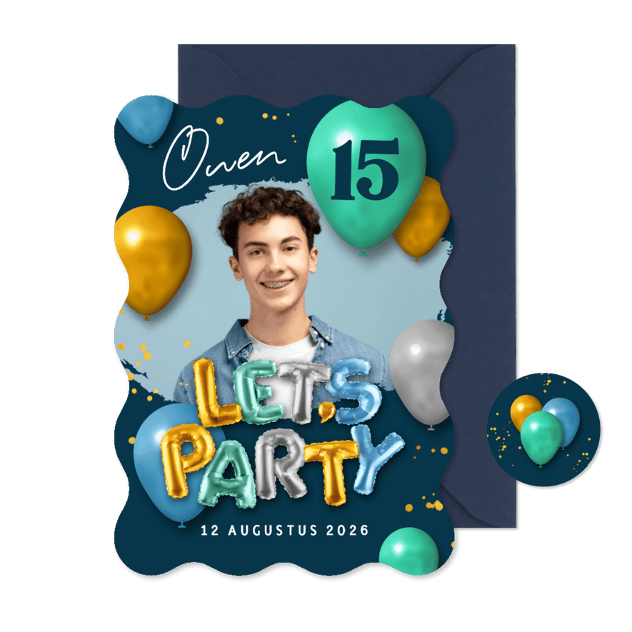 Uitnodiging ballonnen foto feestje party stoer - Kaartimpressie